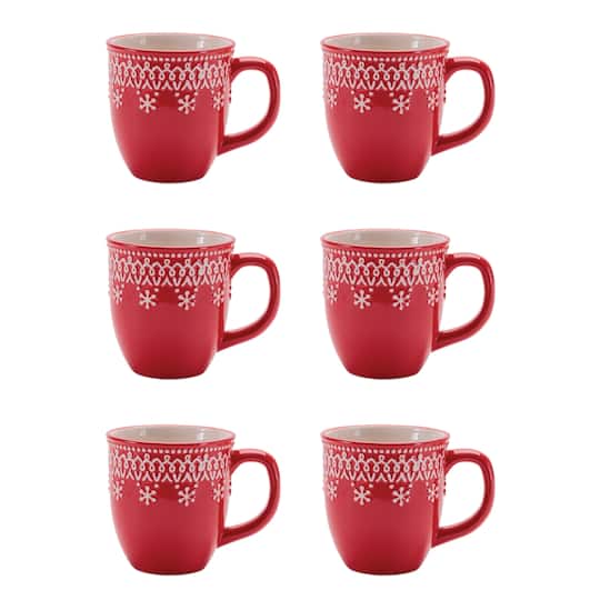 Melrose 4.75" Red & White Embossed Ceramic Snowflake Mugs, 6ct.